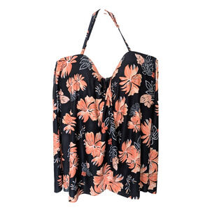Womens 2 Piece Halter Fly Away Black Orange Floral 20W Bandeau Swimwear